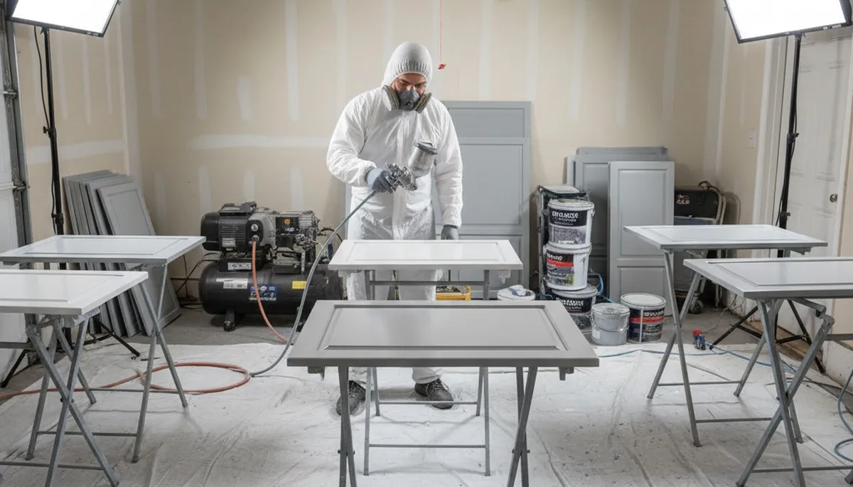 Professional cabinet painting process in Marietta, GA using spray and brush for smooth kitchen finishes