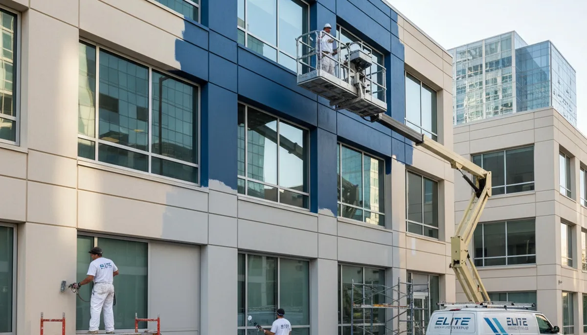 Professional commercial painters working on office exterior in Marietta, GA