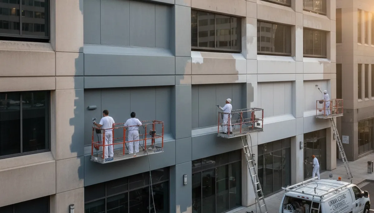 Professional commercial painters working on office building exterior in Marietta, GA