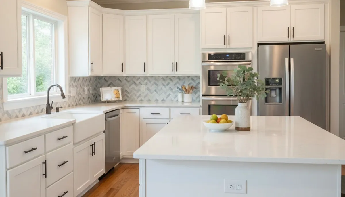 Refinished kitchen cabinets with smooth modern finish by house painters in Marietta, GA