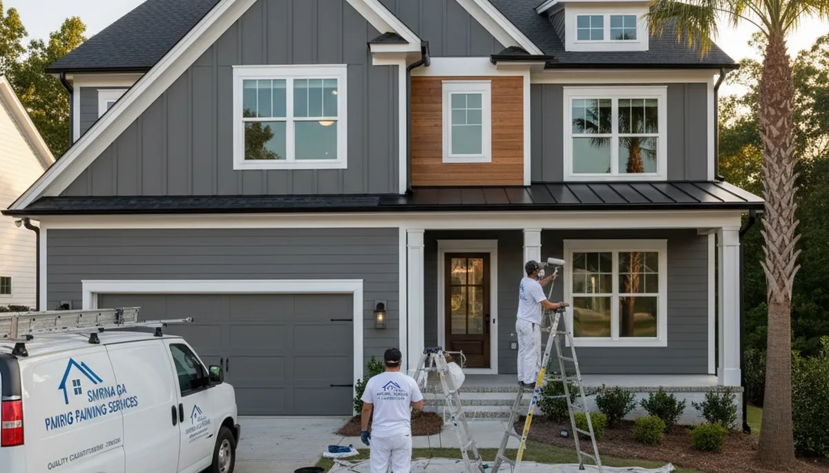 Professional house painters in Marietta GA applying exterior paint to a residential home