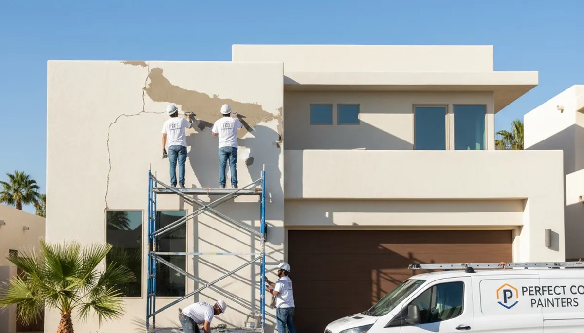 Professional stucco repair and painting on residential home exterior in Marietta, GA